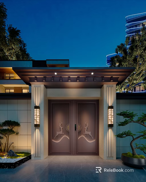 Modern Chinese Style Entrance Gate With Double Carved Doors Side Lamps And Eaves 3d model 