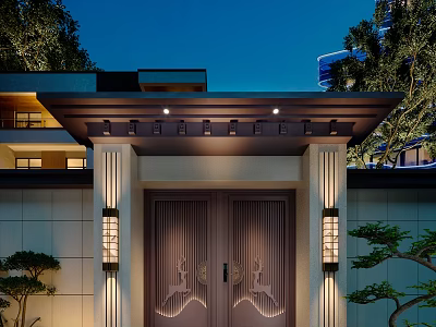 Modern Chinese Style Entrance Gate With Double Carved Doors Side Lamps And Eaves 3d model