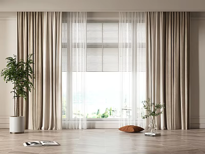 Elegant Layered Curtains In Living Room With Green Plant Wooden Floor And Scenic View 3d model