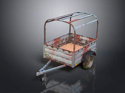 Rusty Vintage Metal Trailer With Wooden Floor And Single Wheel Structure 3d model