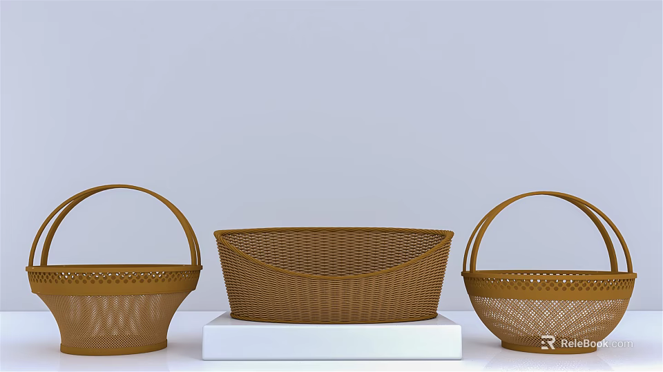 Three Stylish Handwoven Wicker Household Storage Baskets With Handles Decorative Design For Home Use 3d model 