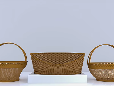 Three Stylish Handwoven Wicker Household Storage Baskets With Handles Decorative Design For Home Use 3d model