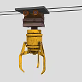 Yellow Industrial Mechanical Grabber Device With Heavy Duty Metal Structure Suspended From Cables