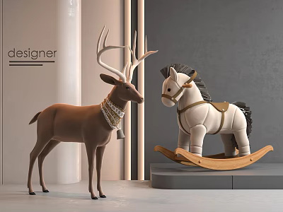 Cute Brown Deer And White Rocking Horse Dolls With Pearl Necklace Bell And Wooden Base 3d model