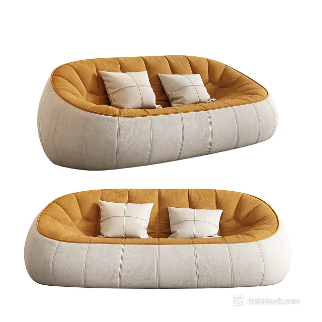 Comfy Rounded Lazy Sofa In Orange Beige Tone With Two Soft White Decor Pillows 3d model 