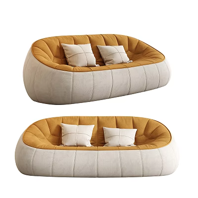 Comfy Rounded Lazy Sofa In Orange Beige Tone With Two Soft White Decor Pillows 3d model