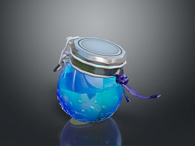 Decorative Blue Glass Jar With Silver Lid Purple Ribbon And Blue Liquid Bubbles 3d model