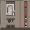Modern Interior Decorative Cabinet With Built In Lighting Arched Mirror And Open Shelves