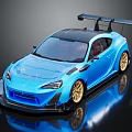 Blue Sports Car With Black Rear Wing Gold Wheels And Sporty Body Kit