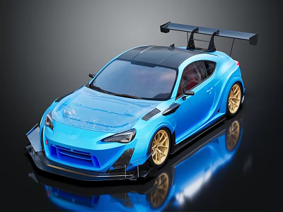 Blue Sports Car With Black Rear Wing Gold Wheels And Sporty Body Kit 3d model