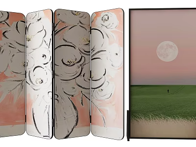Decorative Room Divider With White Rose Pattern Pink Background And Moonlit Grass Field Painting 3d model