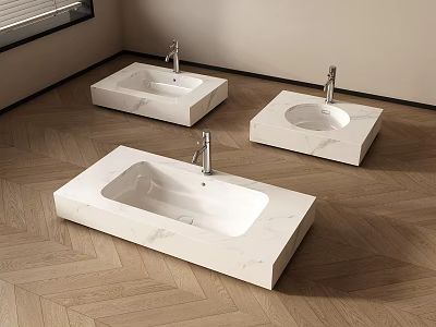 Three Modern White Marble Bathroom Washbasins With Chrome Faucets On Wooden Floor 3d model