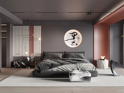 Modern Bedroom Interior Design With Gray Bed Round Decorative Painting Nightstands And Rug 3d model