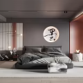 Modern Bedroom Interior Design With Gray Bed Round Decorative Painting Nightstands And Rug