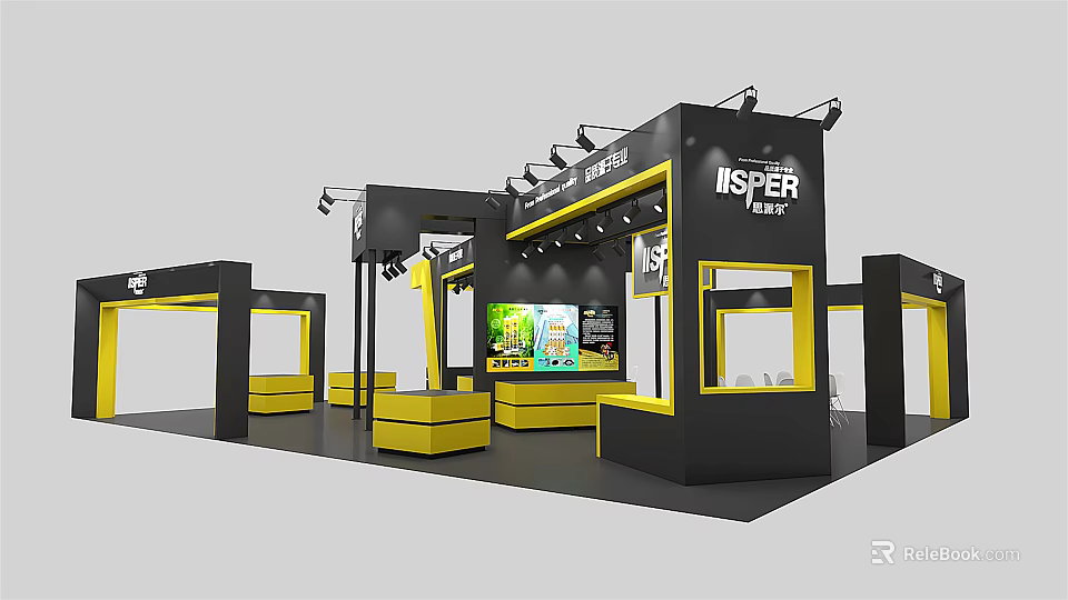 ISPHER Branded Modern Exhibition Booth With Black Yellow Design And Display Screen 3d model 