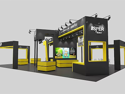 ISPHER Branded Modern Exhibition Booth With Black Yellow Design And Display Screen 3d model