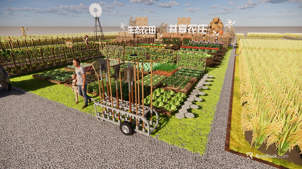 Scenic Garden Landscape With Windmill Scarecrow Flower Fields And Vegetable Plots 3d model 