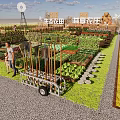 Scenic Garden Landscape With Windmill Scarecrow Flower Fields And Vegetable Plots
