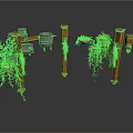 Ornamental Decorative Structure With Wooden Pillars Hanging Planters Metal Containers And Green Plants