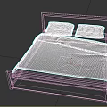 Double Bed With Dark Wooden Frame Light Trim Two Gray Pillows Gray Checkered Quilt