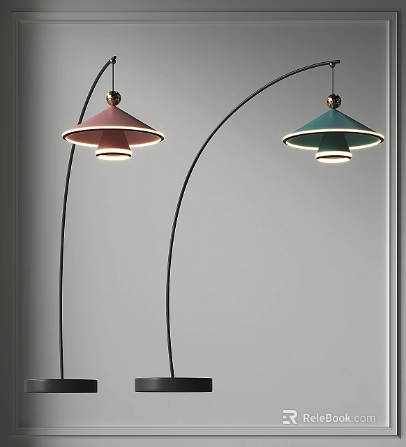 Two Floor Lamps With Pink And Teal Shades And Black Curved Poles Against Grey Wall 3d model 