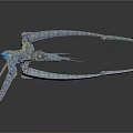 Futuristic Cosmic Spaceship with Long Curved Appendages Blue Glowing Elements and Yellow Accents