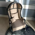 Elegant Single Sofa With Black Frame Beige Cushion Gray Wall Vertical Stripe Decoration Hanging Painting