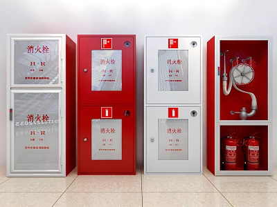 Red And White Fire Equipment Cabinets With Fire Hydrants And Extinguishers 3d model