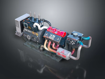 Industrial Equipment Engine Unit With Red Control Panel White Pipes Cables And Warning Sign 3d model