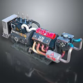 Industrial Equipment Engine Unit With Red Control Panel White Pipes Cables And Warning Sign