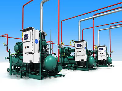 Row Of Green White Industrial Equipment With Red White Pipes And Control Panels 3d model