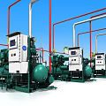 Row Of Green White Industrial Equipment With Red White Pipes And Control Panels