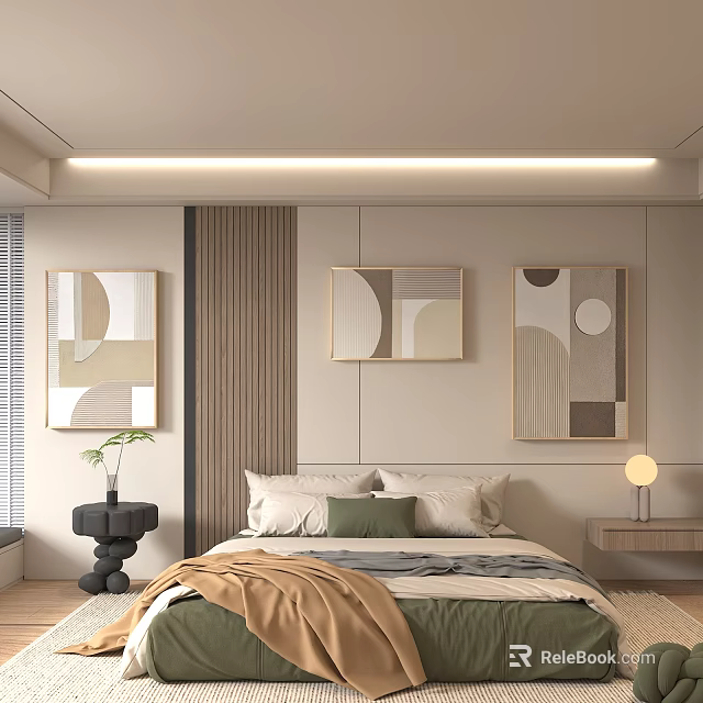 Serene Bedroom Interior with Abstract Geometric Wall Art Beige Striped Walls Bed Pillows and Lamp 3d model 