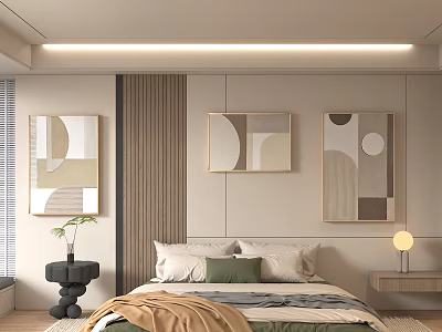 Serene Bedroom Interior with Abstract Geometric Wall Art Beige Striped Walls Bed Pillows and Lamp 3d model
