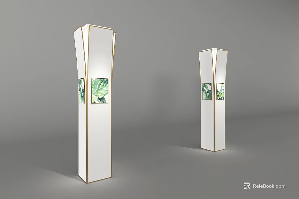 Elegant Bamboo Decorative Columns With White Frame And Green Leaf Patterns 3d model 