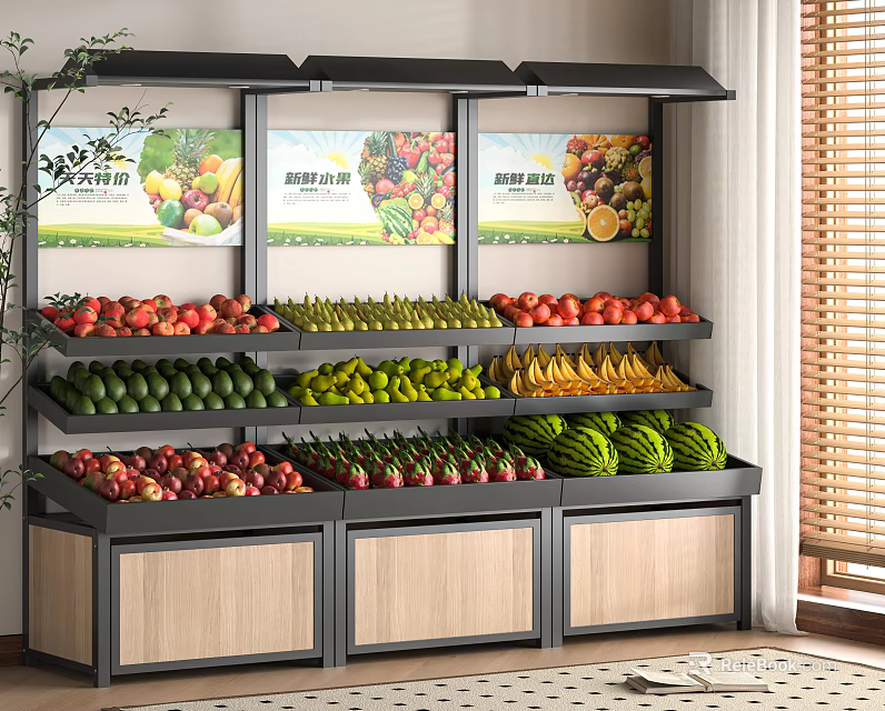 Multi Tiered Display Shelving With Fresh Fruits And Advertising Posters 3d model 