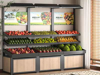 Multi Tiered Display Shelving With Fresh Fruits And Advertising Posters 3d model