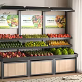Multi Tiered Display Shelving With Fresh Fruits And Advertising Posters