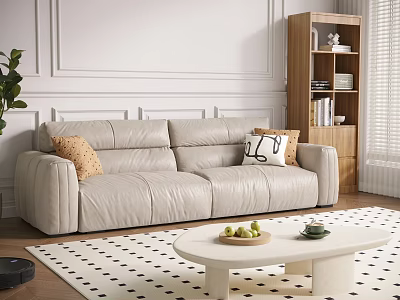 Light Gray Sofa and White Coffee Table Set with Pillows Fruits and Wooden Bookshelf 3d model