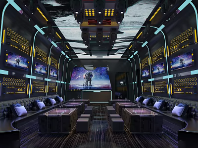 Futuristic Space Theme KTV Interior With Multiple Screens Comfortable Sofas And Ambient Lighting 3d model