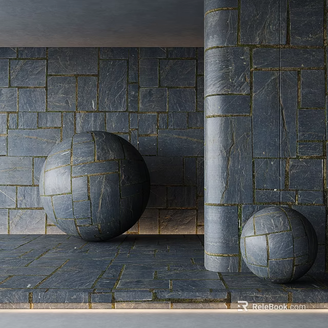 Stone Floor Tiles in Indoor Setting with Textured Stone Walls and Stone Spheres by Column 3d model 
