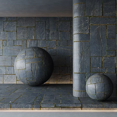 Stone Floor Tiles in Indoor Setting with Textured Stone Walls and Stone Spheres by Column 3d model