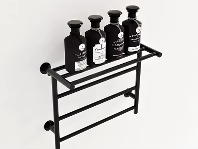Modern Black Metal Wall Mounted Bathroom Shelf With Toiletries And Towel Storage 3d model