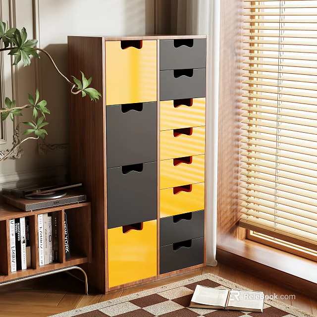 Modern Storage Cabinet with Yellow and Gray Drawers Near Plant and Bookshelf in Natural Light 3d model 