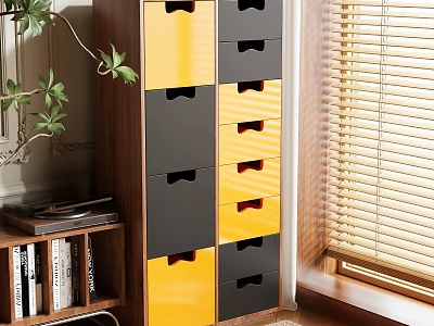 Modern Storage Cabinet with Yellow and Gray Drawers Near Plant and Bookshelf in Natural Light 3d model