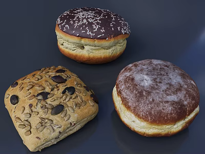 Assorted Baked Foods Including Chocolate Coconut Donut Seed Square Bread And Powdered Sugar Donut 3d model