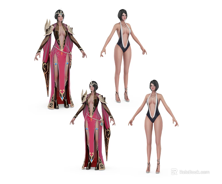 Game And Movie Female Character Designs Featuring Elegant Robes And Swimwear Outfits 3d model 