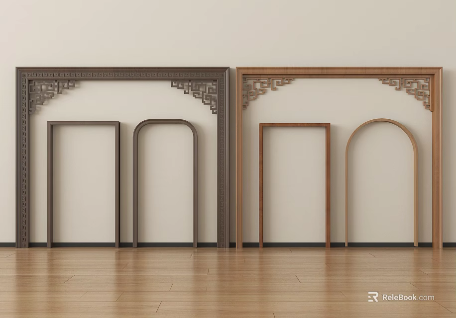 Chinese Style Components Dark Brown Light Brown Rectangular Arched Frames On Light Wall Wooden Floor 3d model 