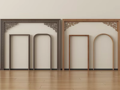 Chinese Style Components Dark Brown Light Brown Rectangular Arched Frames On Light Wall Wooden Floor 3d model