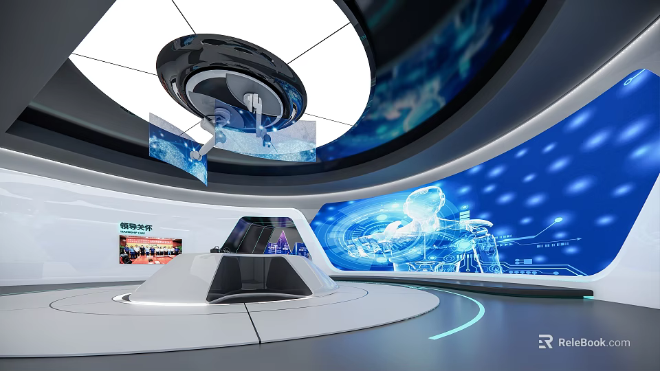 Futuristic Exhibition Hall Featuring Circular Layout Central White Platform Screens Displaying Blue Tech Graphics 3d model 